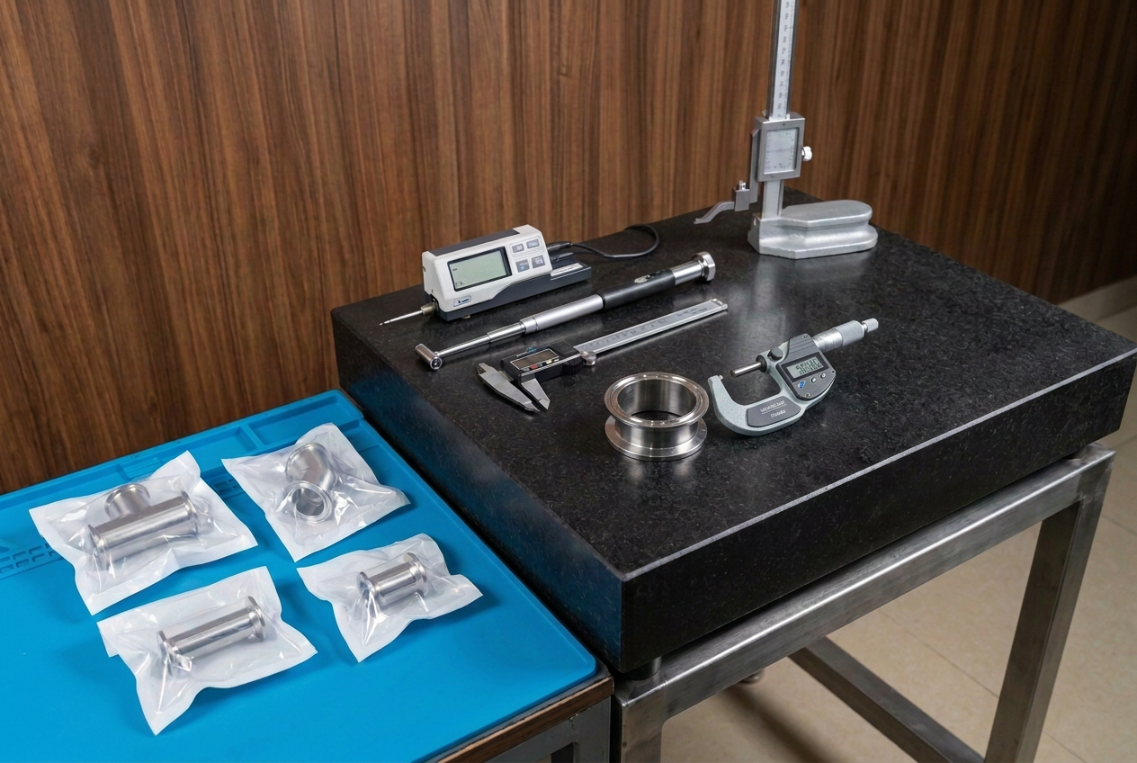 Digital micrometer measuring a polished stainless steel sanitary ferrule on a granite surface plate