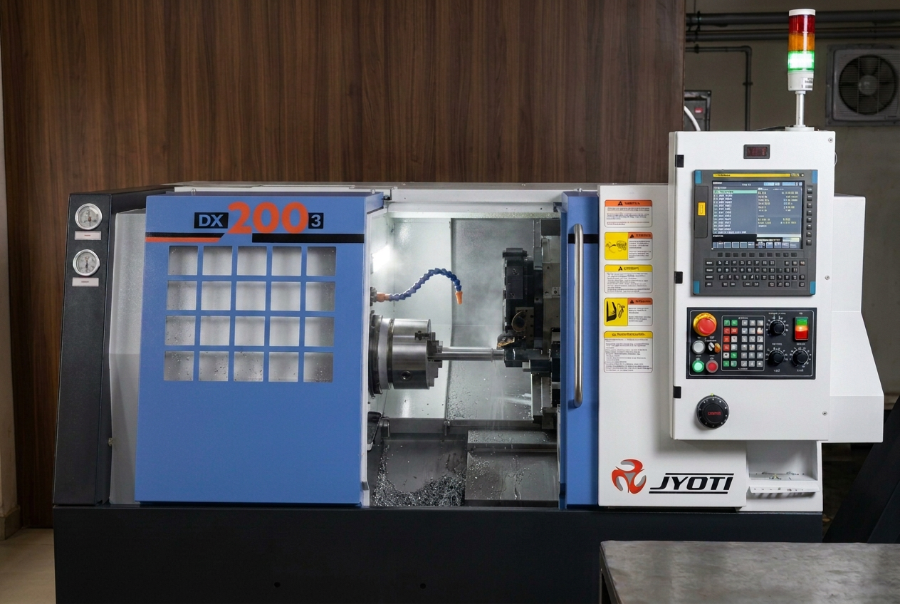 Jyoti DX 200-3 CNC turning centre mid-cut on a stainless steel bar