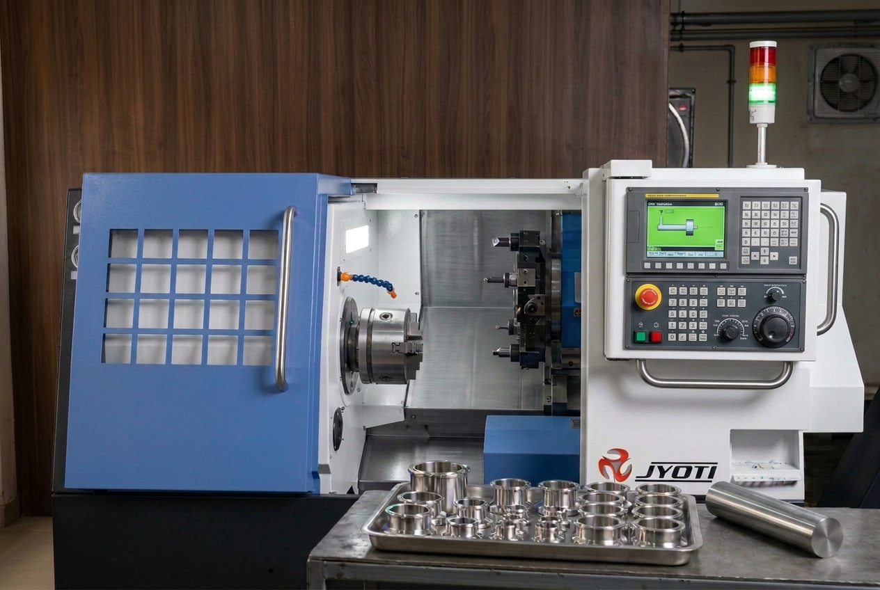 Stainless steel blank staged beside a CNC turning centre chuck