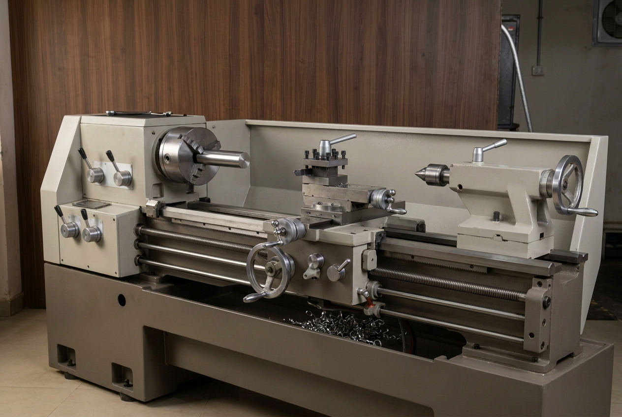 Conventional lathe pre-turning a stainless steel bar between chuck and tailstock